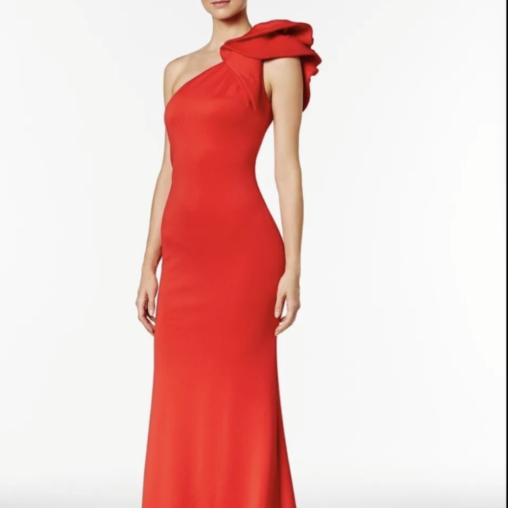 Betsy & Adam ruffle shoulder long gown